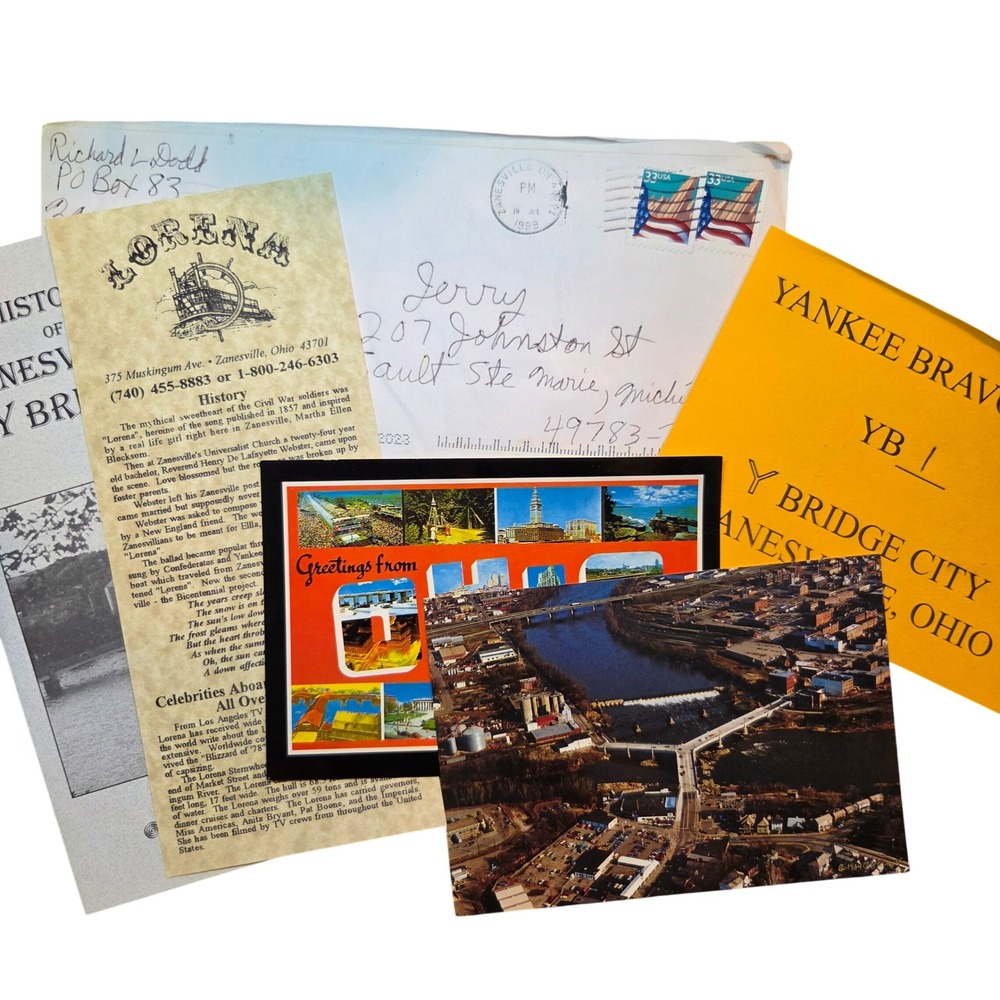 Vintage Zanesville Ohio Y-Bridge Postcard Brochure QSL Radio Ephemera Lot